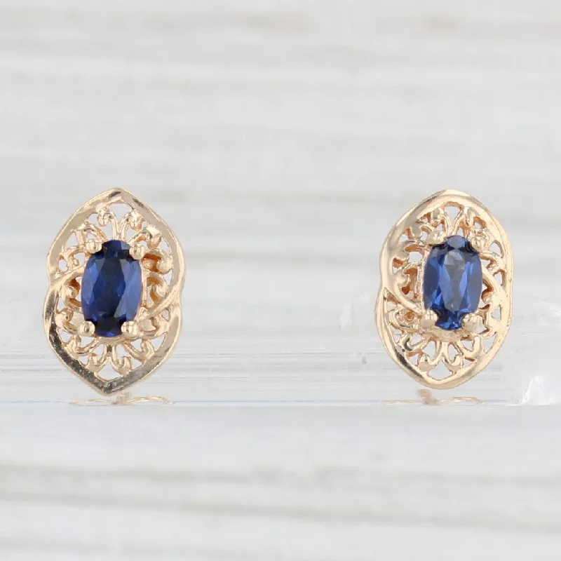 women's earrings gold -0.60ctw Lab Created Blue Sapphire Stud Earrings 10k Yellow Gold Oval Solitaires