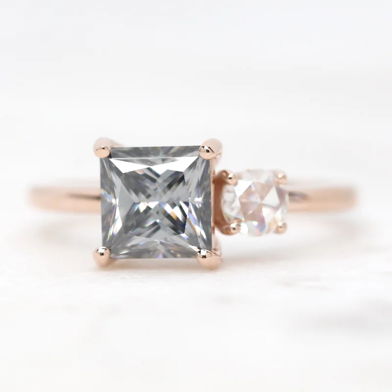 women's rings with rose gold band -Toi et Moi Ring with a 1.40 Carat Princess Cut Gray Moissanite and a Round Clear Rose Cut Moissanite  - Made to Order, Choose Your Gold Tone