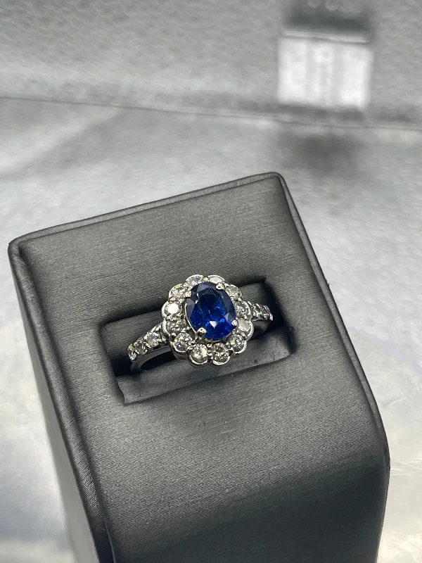 women's engagement rings with vintage halo -Ladies 14 Karat White Gold Oval Sapphire & Diamond Cocktail Ring