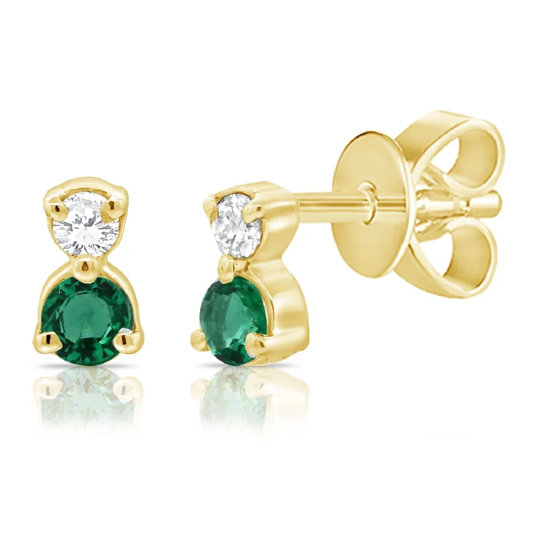 women's earrings with hoop style -14K Yellow Gold Diamond + Emerald Mini Stud Earrings