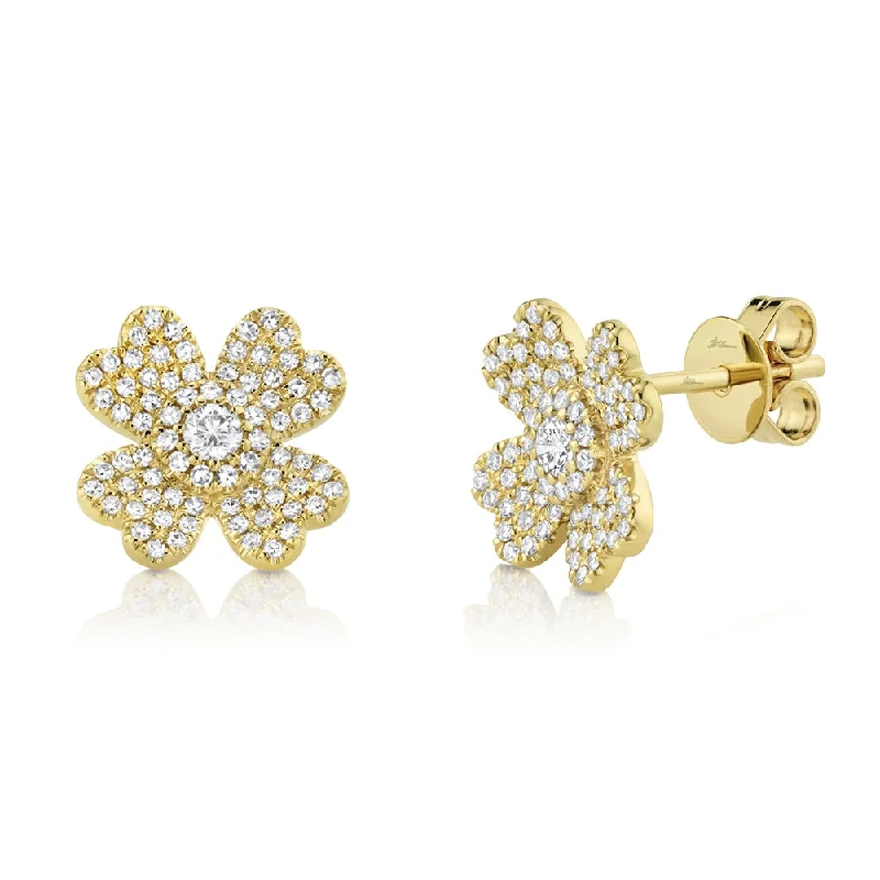 women's earrings with heart and gemstone -14K Yellow Gold Diamond Clover Stud Earrings