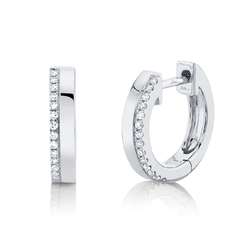 women's earrings with single pearl -14K White Gold Diamond + High Polished Huggie Earring