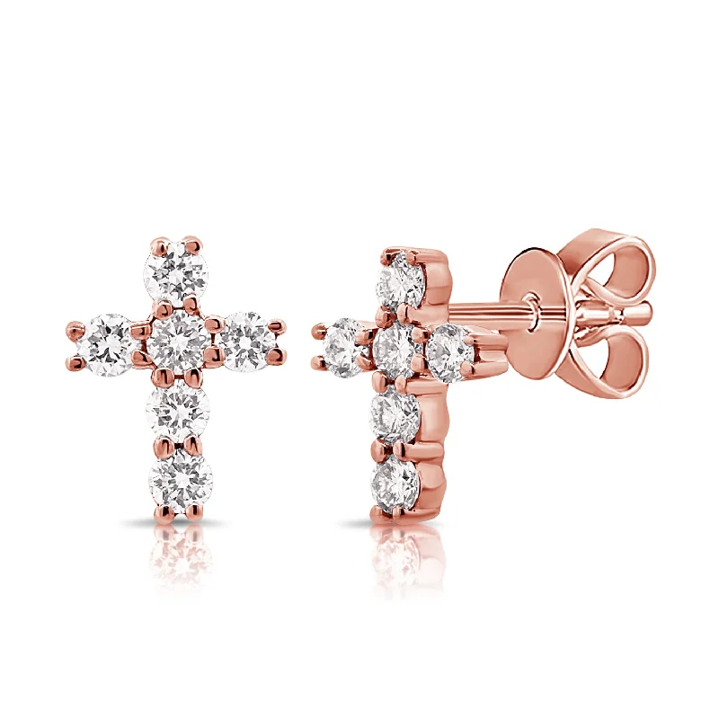 women's earrings with oval-cut gemstone -14K Rose Gold Diamond Cross Earrings