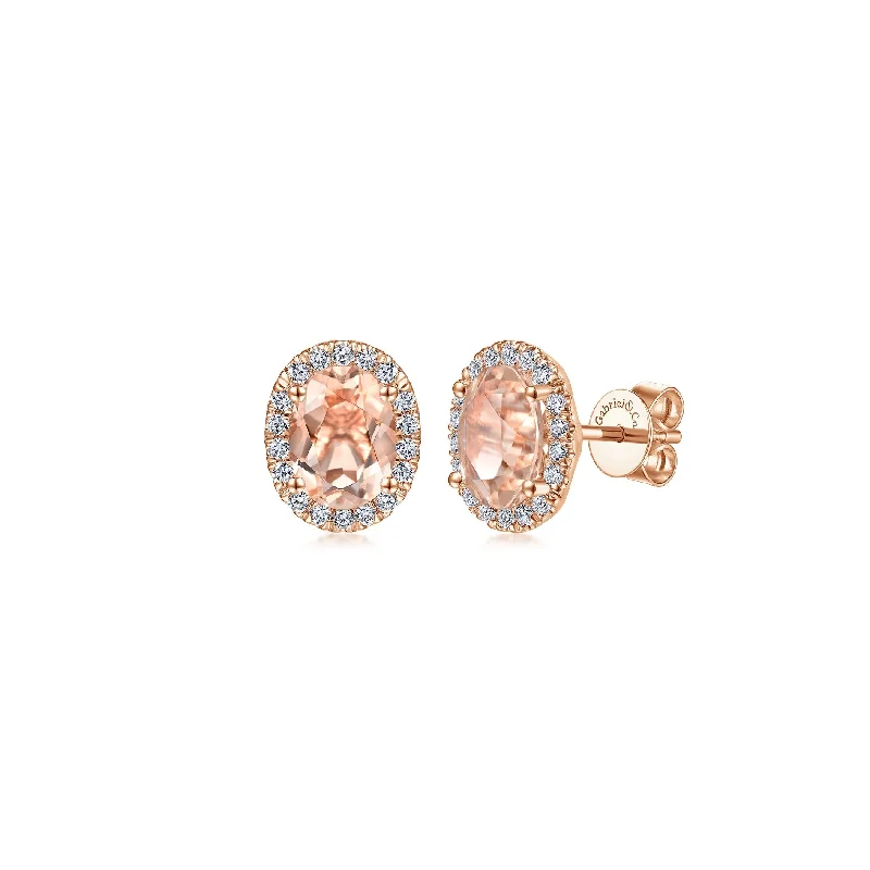 women's earrings with bezel-set stones -14K Rose Gold Diamond Halo and Oval Morganite Stud Earrings