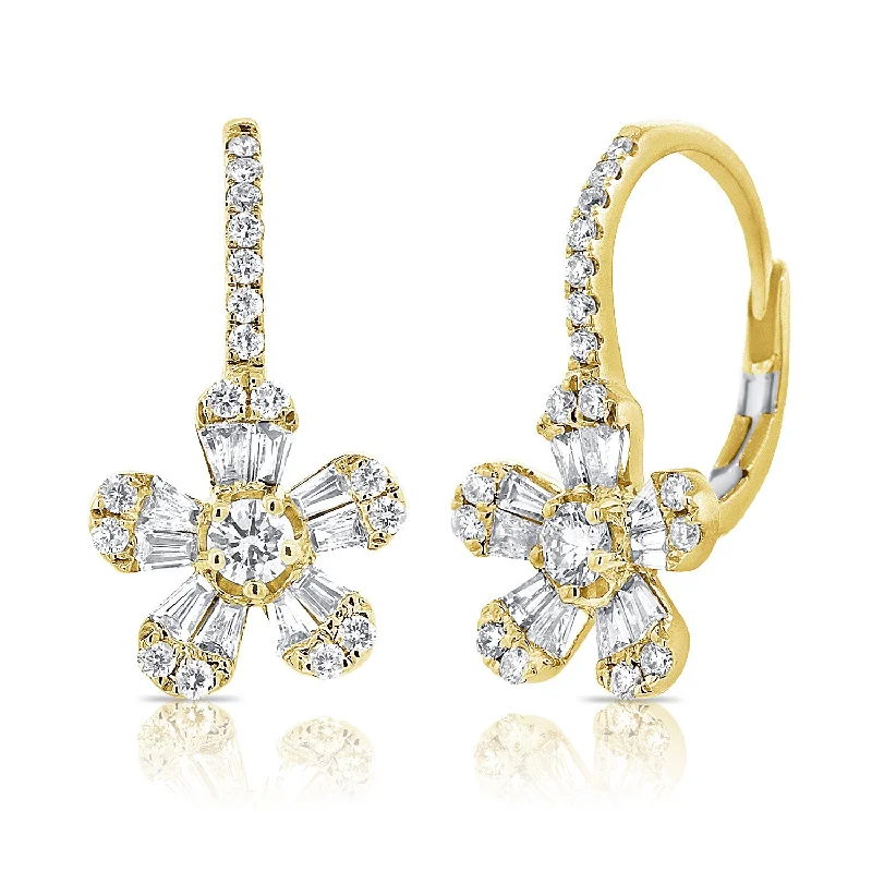 women's earrings with elongated look -14K Yellow Gold Diamond Baguette Drop Flower Earrings