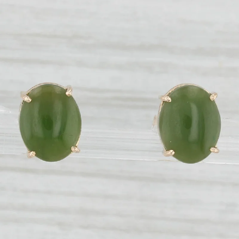 women's earrings with celestial drop -Green Nephrite Jade Oval Solitaire Stud Earrings 14k Yellow Gold