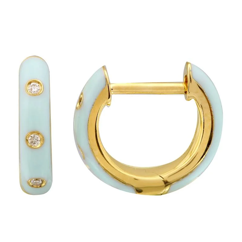 women's earrings with handcrafted style -14K Yellow Gold Mint Enamel & Diamond Huggie Earrings