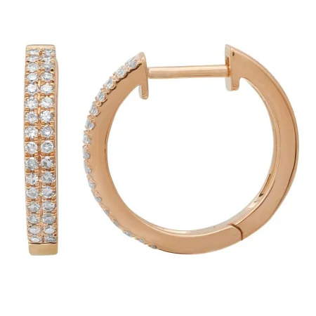 women's earrings with linear drop -14K Rose Gold Double Row Diamond Huggie Earrings