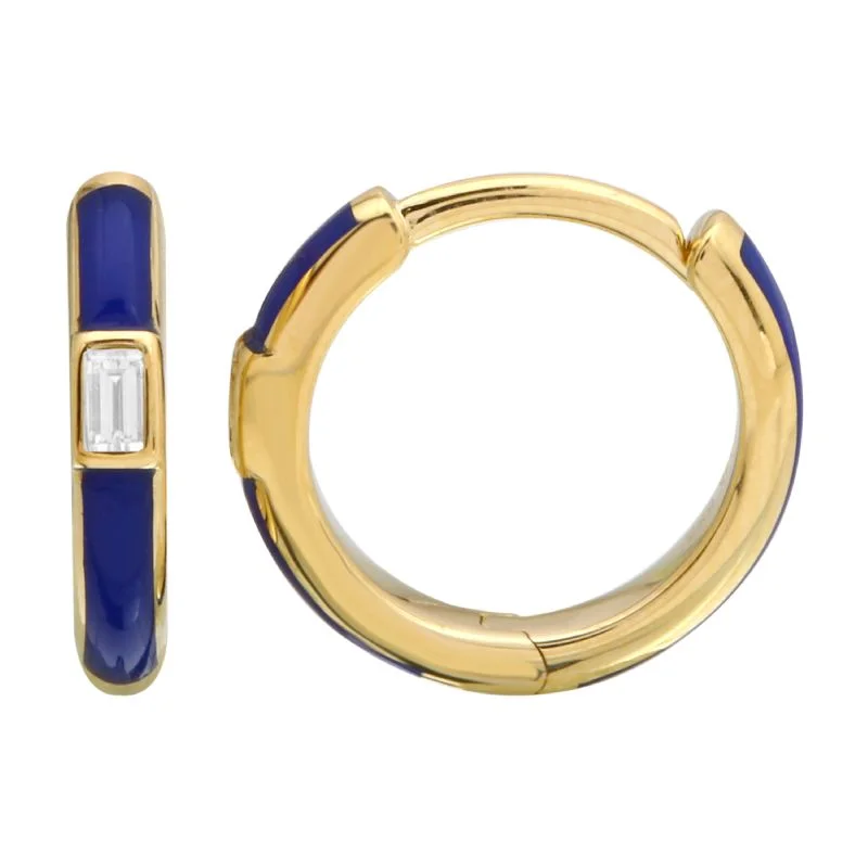 women's earrings with pave setting -14k Yellow Gold Classic Blue Enamel & Diamond Huggie Earrings