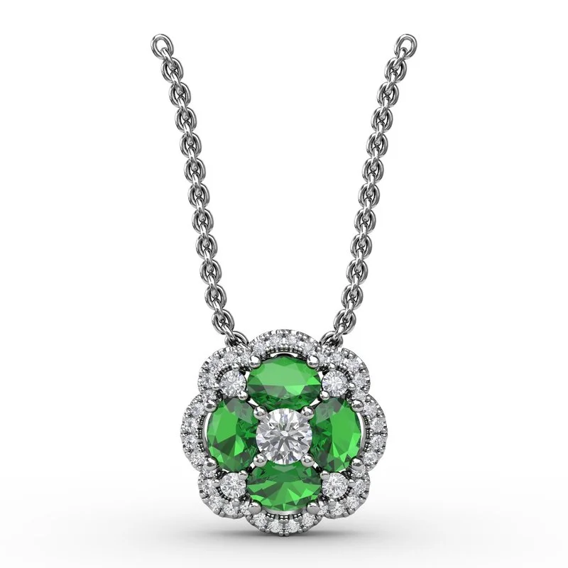 women's necklaces with engraved detail -FANA Emerald and Diamond Cluster Pendant P1574E