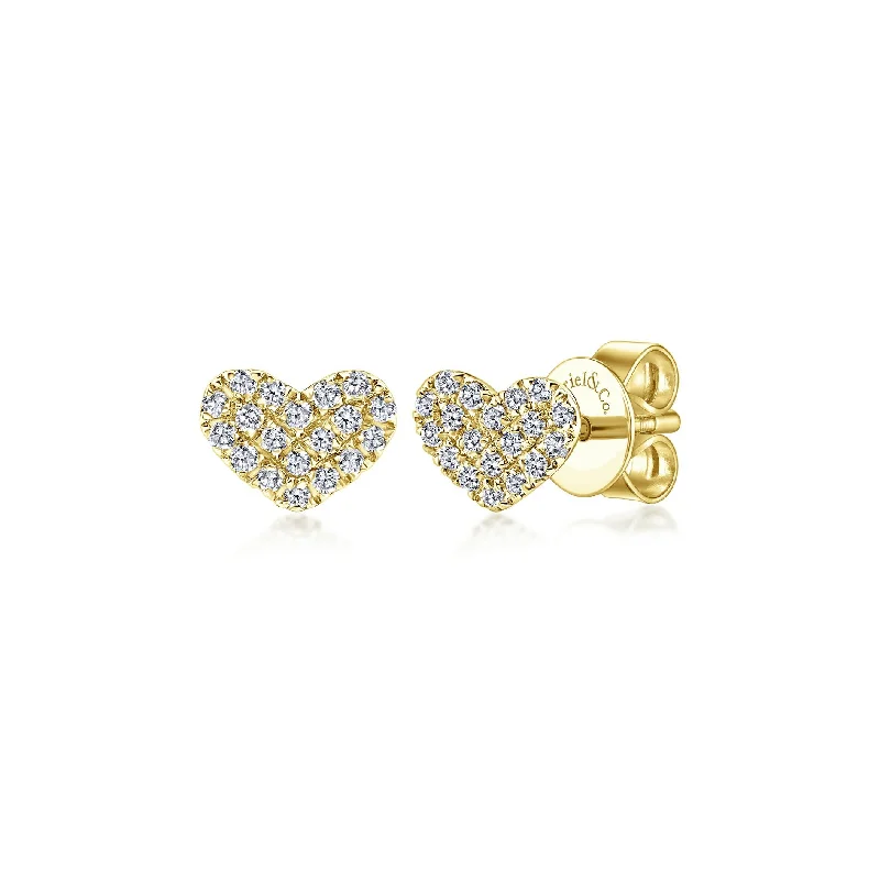 women's earrings with stud setting -14K Yellow Gold Diamond Pave Heart Stud Earrings