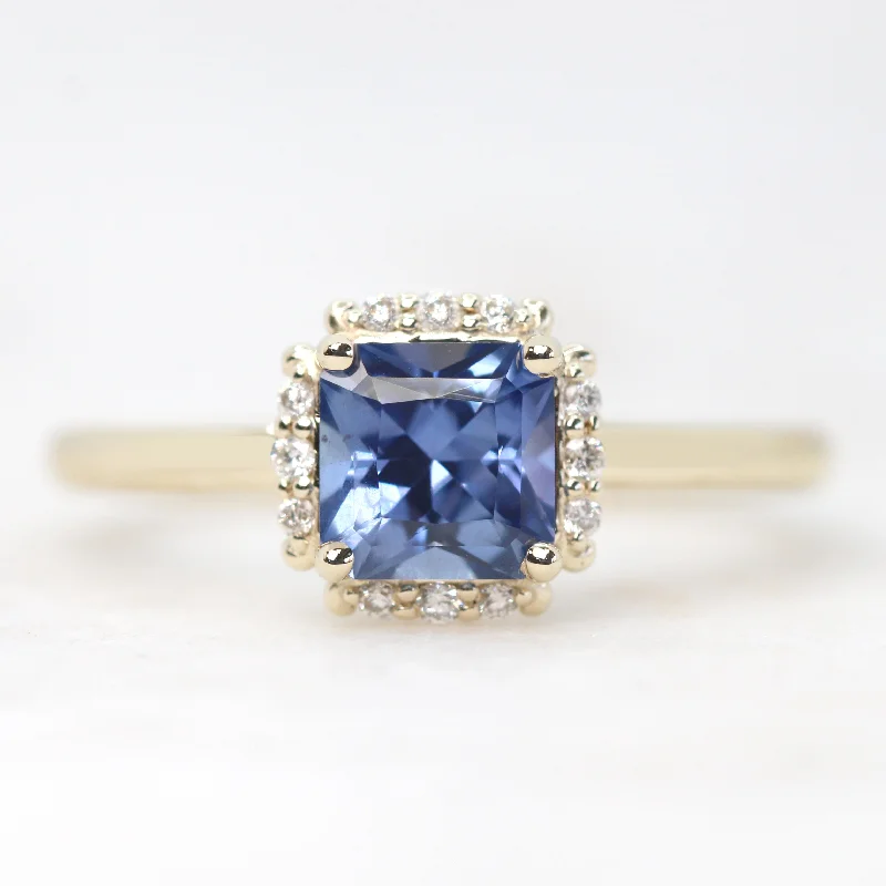 women's engagement rings with large side diamonds -Astrid Ring with a 1.08 Carat Radiant Cut Blue Sapphire and White Accent Diamonds in 10k Yellow Gold - Ready to Size and Ship