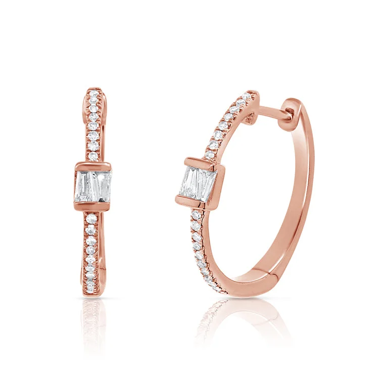 women's earrings with celestial stars -14K Rose Gold Round and Baguette Diamond Hoop Earrings