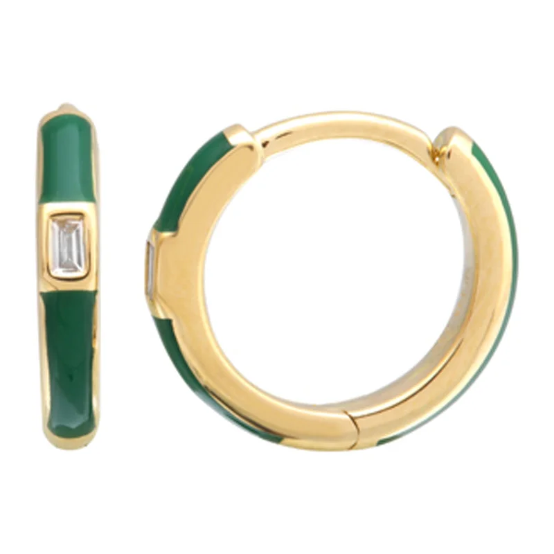 women's earrings with luxurious finish -14k Yellow Gold Dark Green Enamel & Diamond Huggie Earrings