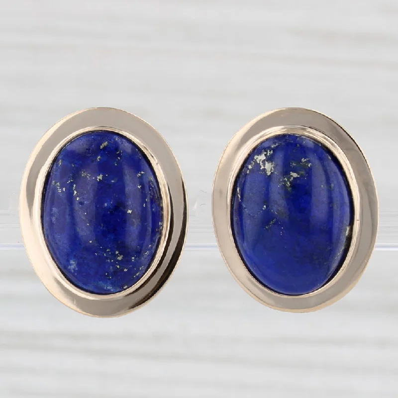 women's earrings with petite diamonds -Blue Lapis Lazuli Oval Cabochon Stud Earrings 14k Yellow Gold