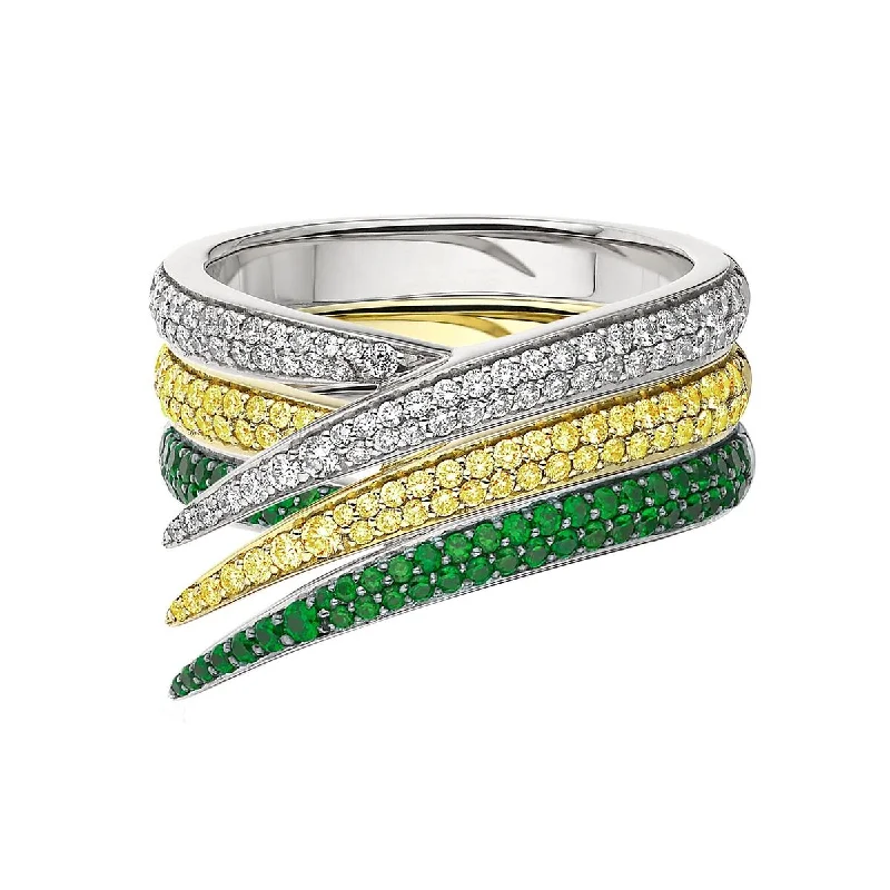 women's engagement rings with black diamond -Interlocking Stacked Ring - 18ct White and Yellow Gold & White Diamond, Yellow Sapphire and Tsavorite