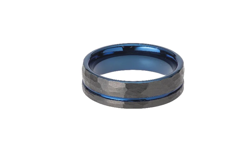 women's rings with yellow gold band -Unique & Co 7mm Hammered Tungsten with Blue IP Ring