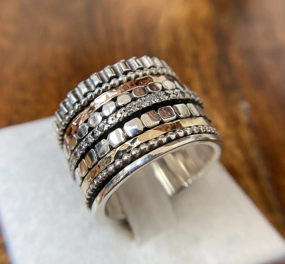 women's rings with polished stone -Yaron Morhaim Silver Gold Zirconia Spinning Ring