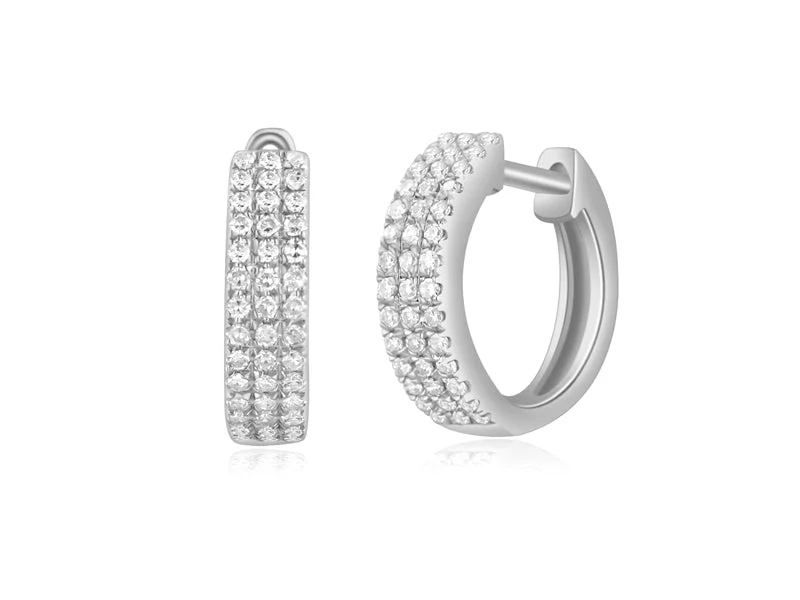 women's earrings with oval-cut gemstone -14K White Gold Diamond Triple Row Huggie Earrings