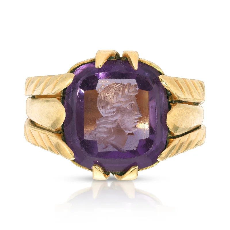 women's rings with rose-cut diamond -Victorian Amethyst Intaglio Portrait Ring