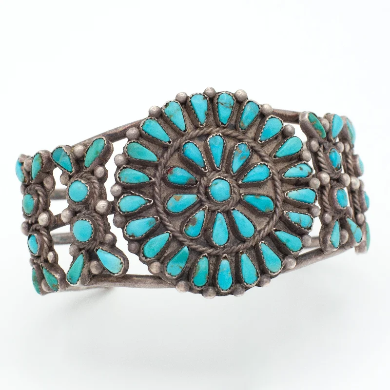 women's bracelets with tiny pendants -Vintage Handmade Sterling Silver Turquoise Petit Point Cuff Bracelet (Hallmark Unknown)