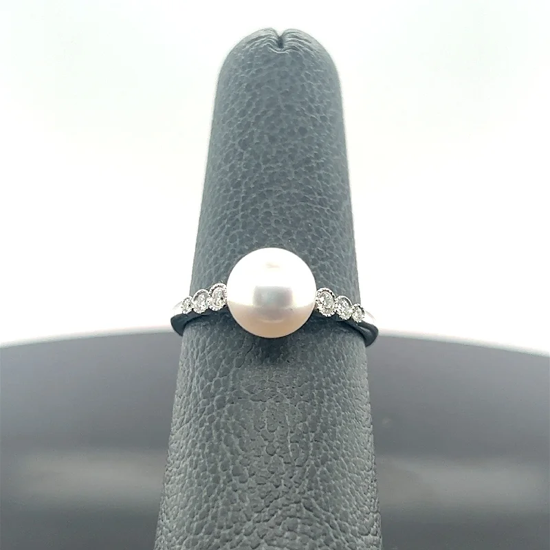 women's engagement rings with split band -18k White Gold Cultured Pearl and Diamond Antique Style Ring