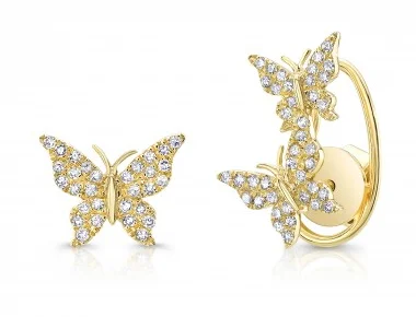 women's earrings with crescent moon shape -14K Yellow Gold Diamond Butterfly Earrings