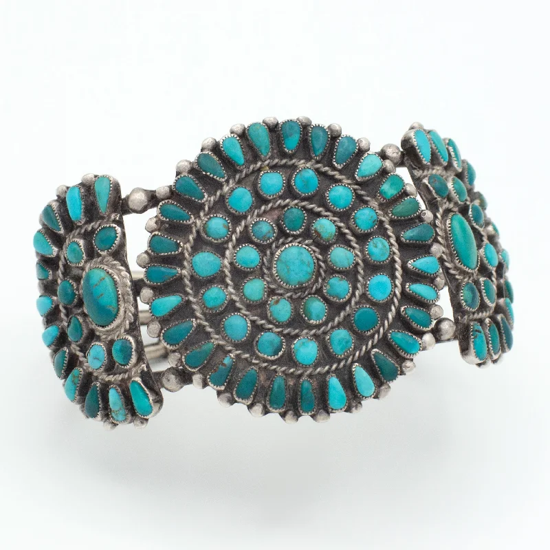 women's bracelets with elegant curves -Vintage Handmade Sterling Silver Turquoise Petit Point Cuff Bracelet (Hallmark Unknown)