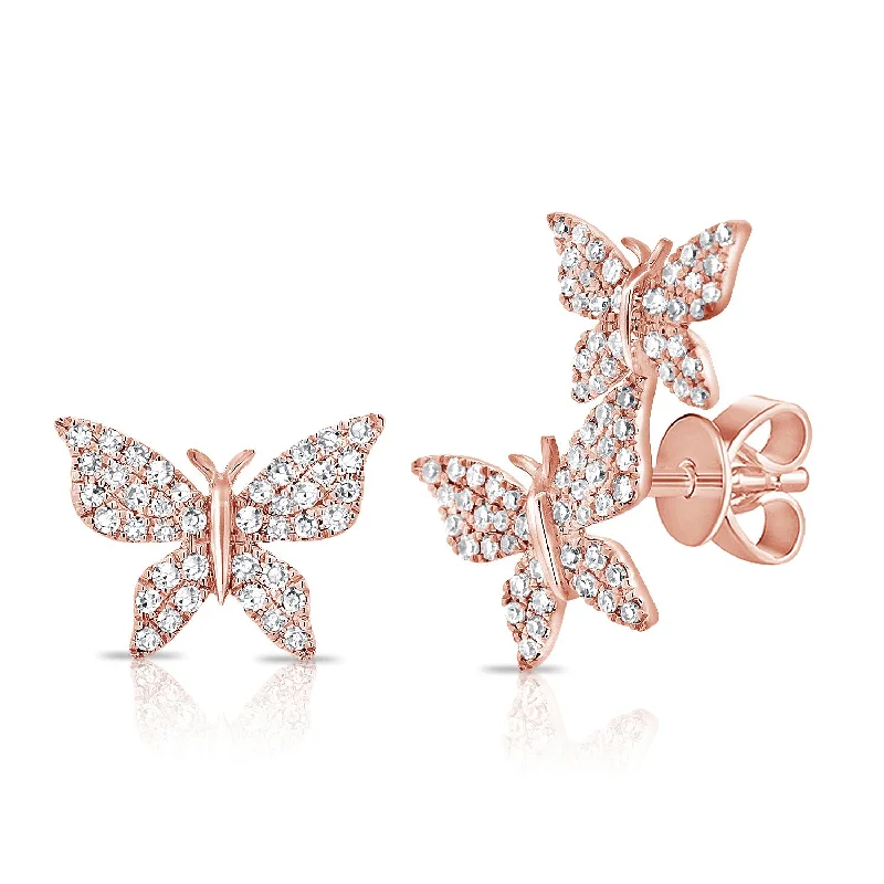 women's earrings gold -14K Rose Gold Diamond Butterfly Stud Earrings