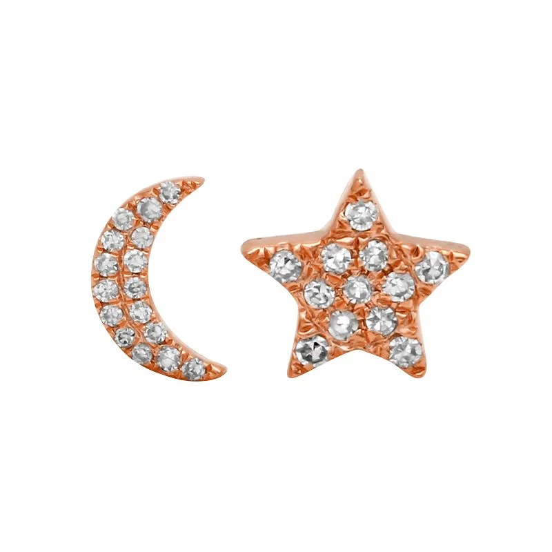 women's earrings with halo setting -14K Rose Gold Diamond Star + Moon Stud Earrings