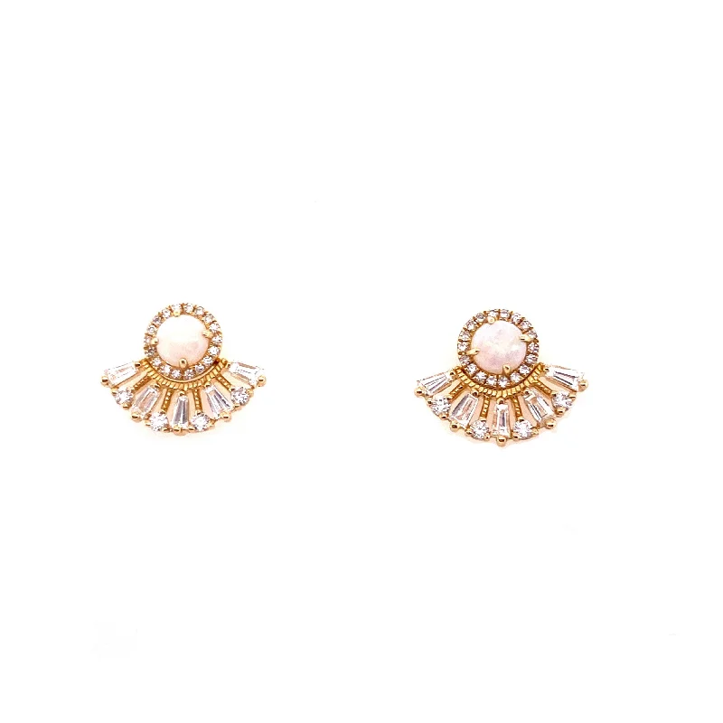 women's earrings with round-cut diamond -14K Yellow Gold Diamond Jacket + Opal Halo Earrings