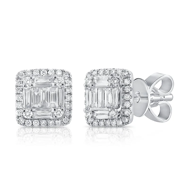 women's earrings with statement look -14K White Gold Round+Baguette Diamond Medium Earrings