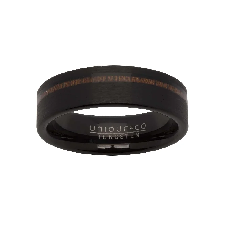 women's rings with oval-cut diamond -Unique & Co Tungsten Ring with a Wood Inlay and Matt Black Finish