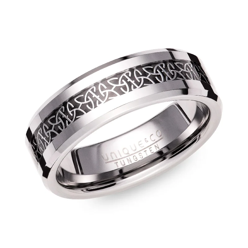 women's rings with sparkling band -Unique & Co Celtic Tungsten Ring with Carbon Fibre