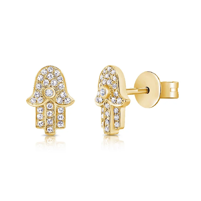 women's earrings with layered hoops -14K Yellow Gold Diamond Hand of God Stud Earrings