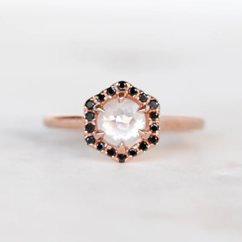 women's engagement rings with vintage halo -Sia Ring with a 0.90 Carat Misty White Round Rose Cut Diamond and Black Accent Diamonds in 10k Rose Gold - Ready to Size and Ship