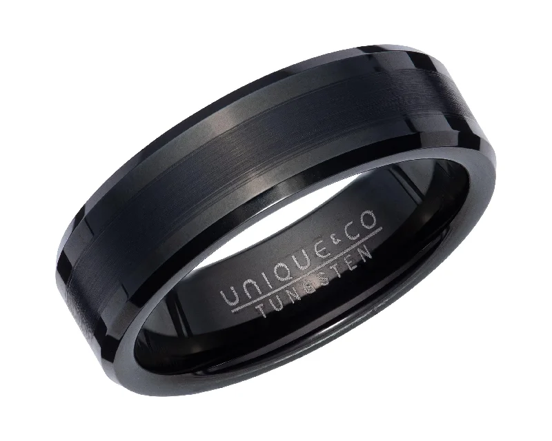 women's rings with faceted gemstone -Unique & Co Flat Black Tungsten Ring