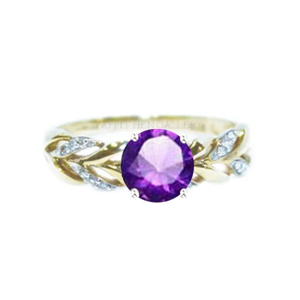 women's engagement rings with simple elegance -CELTIC PLEAT RING WITH PAVE DIAMONDS AND AMETHYST