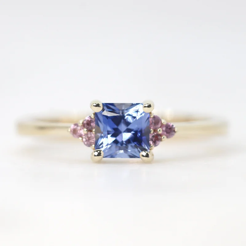 women's rings with yellow gold band -Imogene Ring with a 0.78 Carat Cornflower Blue Radiant Cut Sapphire and Berry Sapphire Accents in 14k Yellow Gold - Ready to Size and Ship