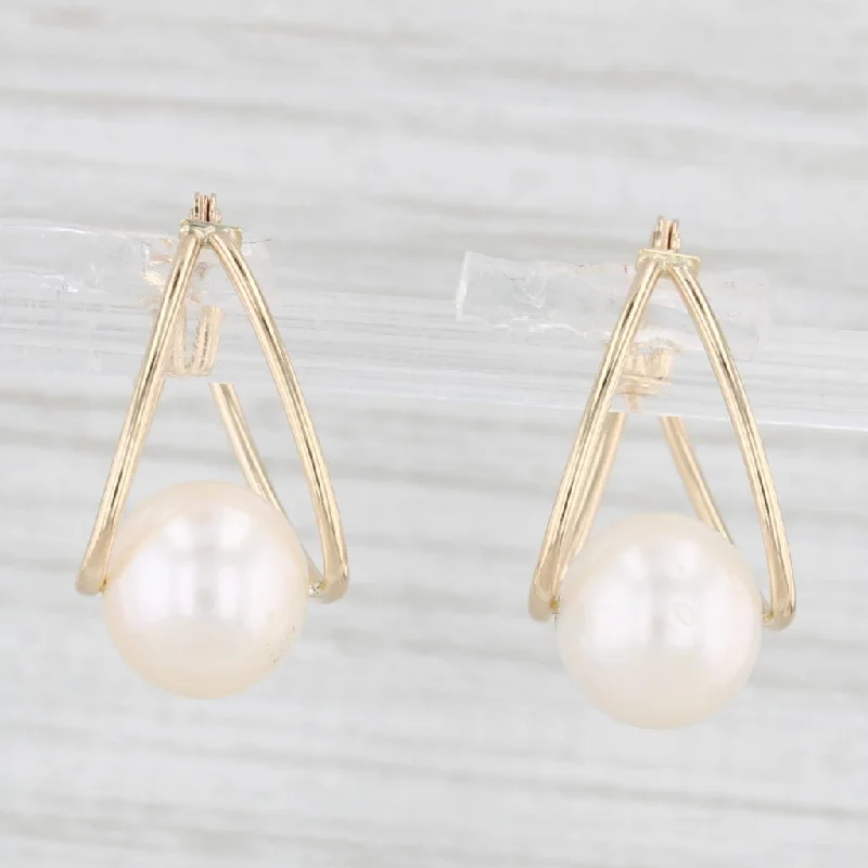 women's earrings with classic pearls -Cultured Pearl Hoop Earrings 14k Yellow Gold Snap Top Posts Oval Hoops