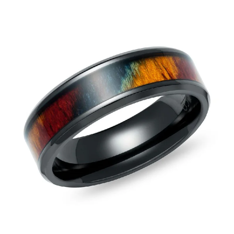 women's rings with elaborate setting -Unique & Co Multicoloured Wood Inlay Black Zirconium Ring