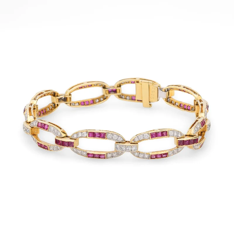 women's bracelets with adjustable closure -Mid Century ruby diamond 18k yellow gold bracelet