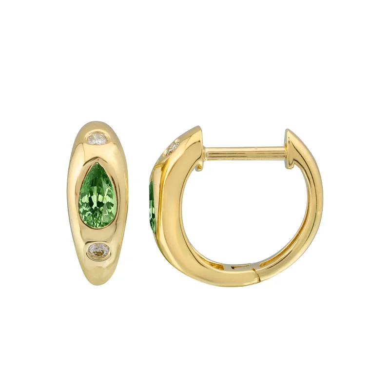 women's earrings with minimalist style -14K Yellow Gold Diamond + Emerald Huggie Earrings