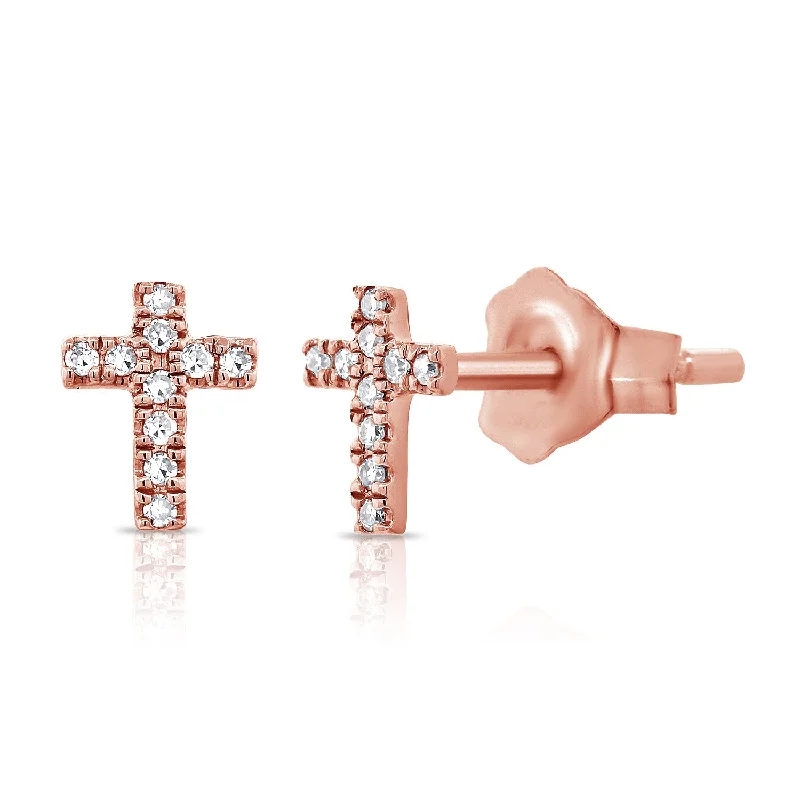 women's earrings with birthstone -14K Rose Gold Diamond Cross Stud Earrings