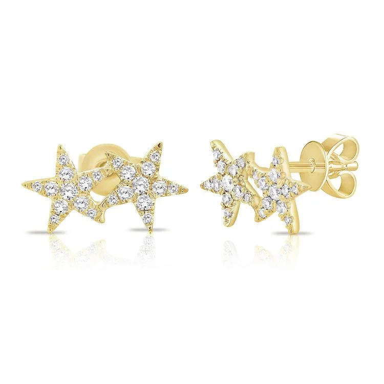 women's earrings with single pearl -14K Yellow Diamond Double Star Earrings