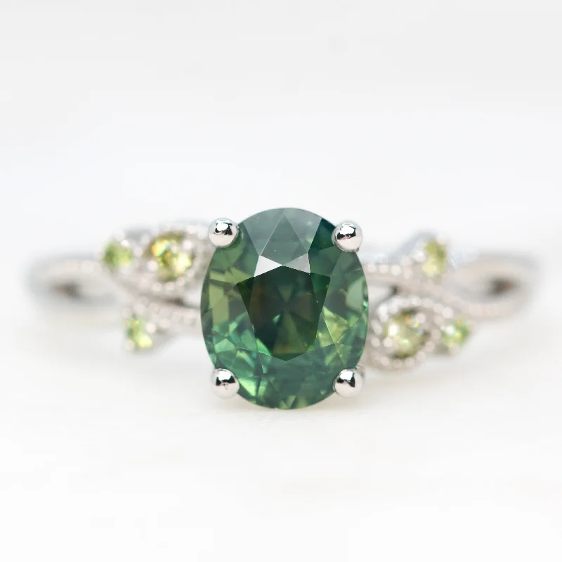 women's engagement rings with antique filigree -Jasmine Ring with a 2.18 Carat Oval Green Sapphire and Light Green Diamond Accents in Platinum - Ready to Size and Ship