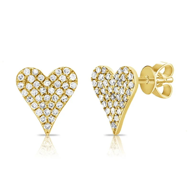 women's earrings with cubic zirconia -14K Yellow Gold Diamond Pave Heart Stud Earrings