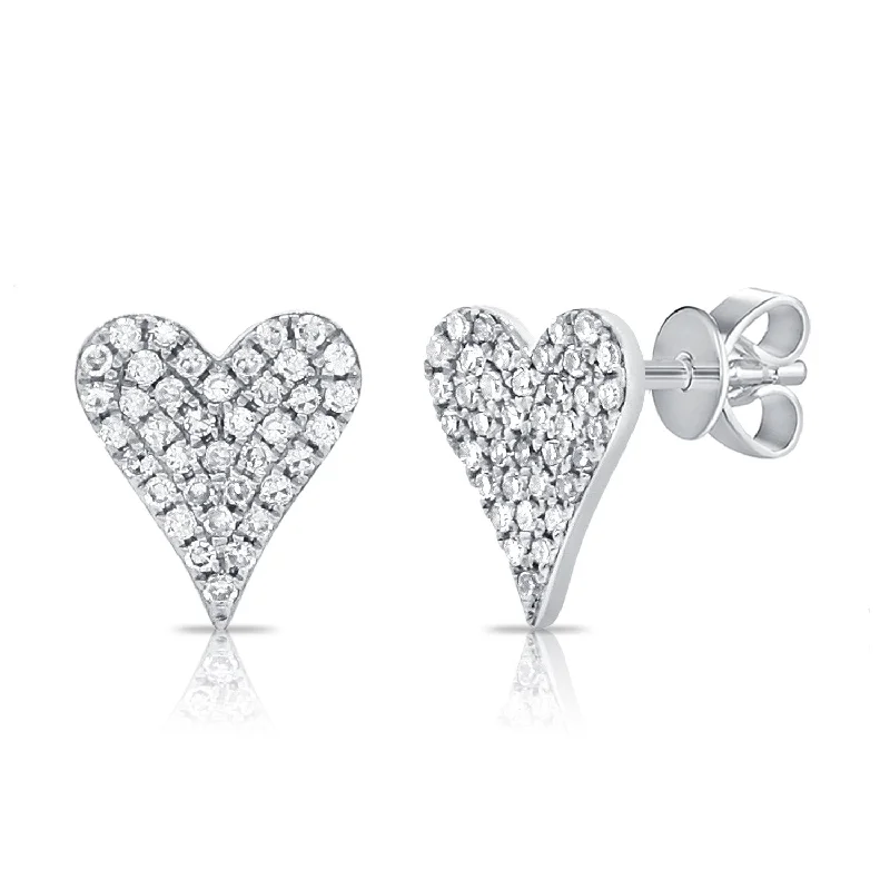 women's earrings with celestial drop -14K White Gold Diamond Pave Heart Stud Earrings