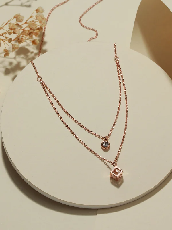 women's necklaces with bold pendant -Rose Gold-Plated Cubic Zirconia Studded Layered Chain