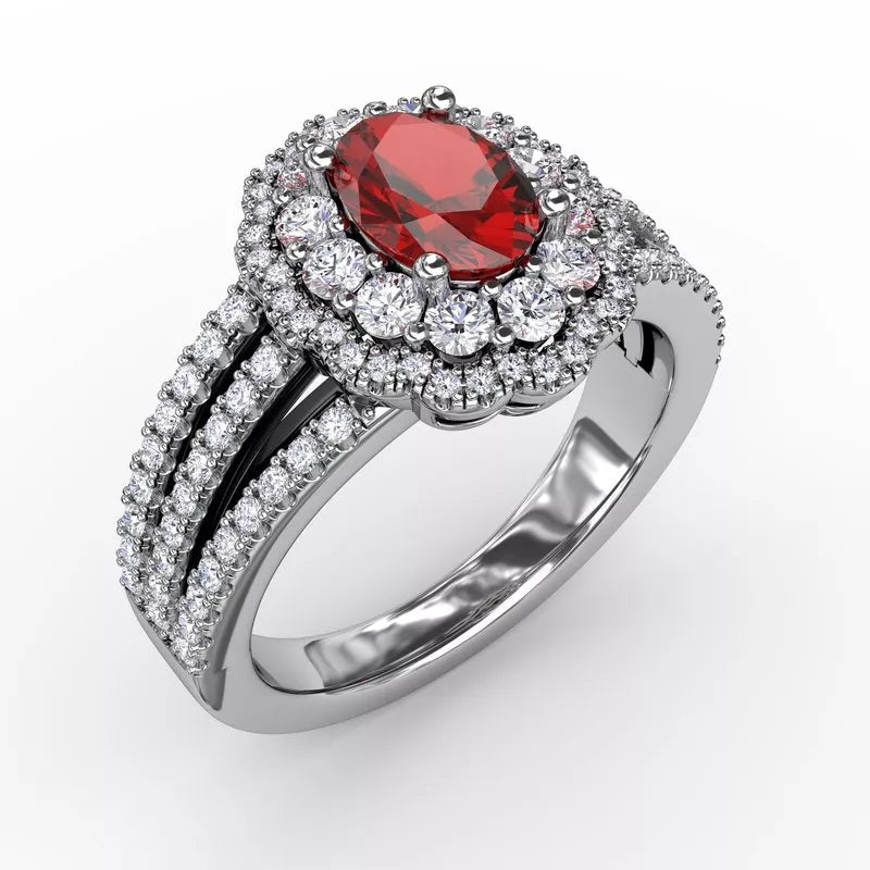 women's engagement rings with twisted band -Ruby and Diamond Triple Row Split Shank Ring